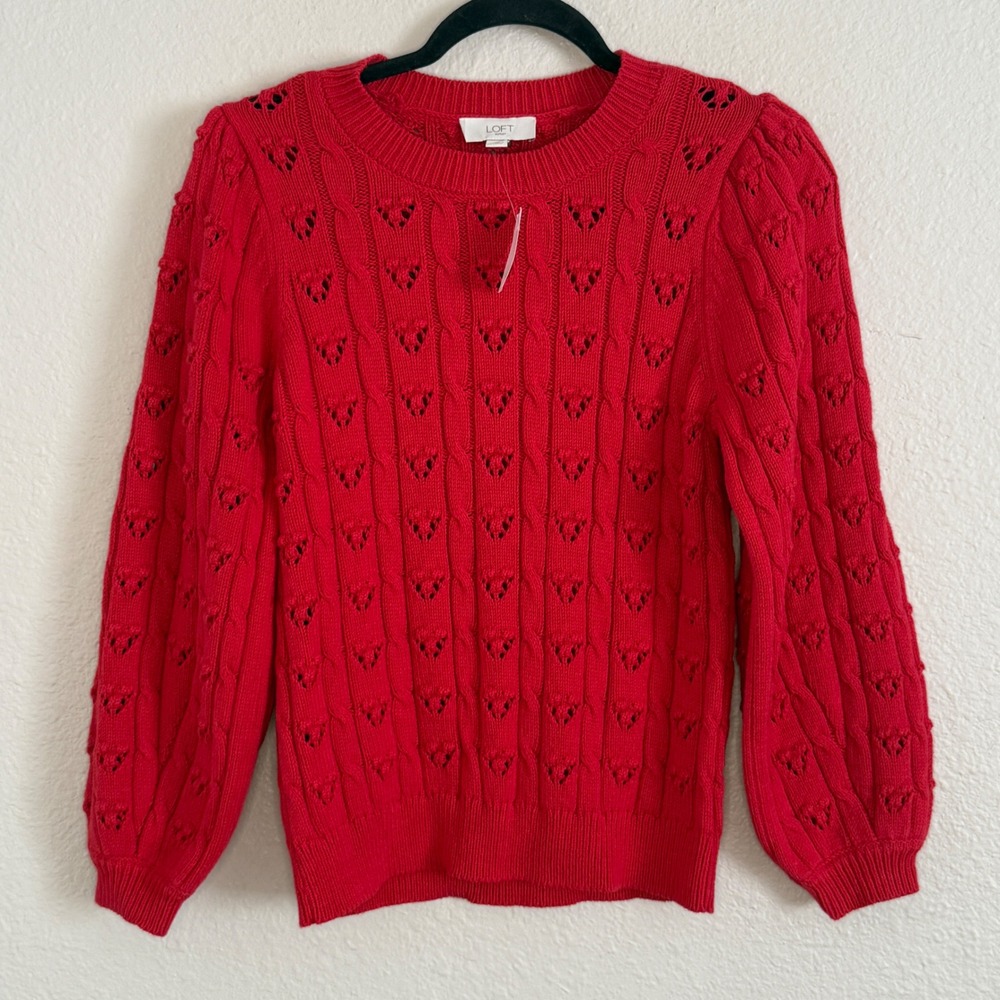 Coquette Holiday Preppy Academic Red Cable Knit Pointelle Heart Sweater Small